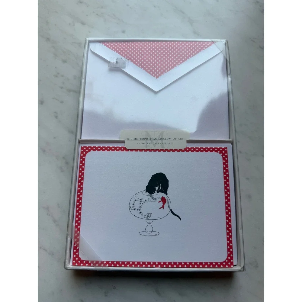 VTG Metropolitan Museum of Art Cat Note Cards Red White Polka Dot Stationery